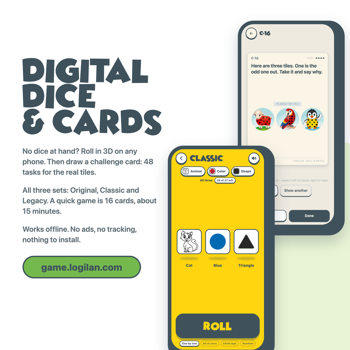 Promotional graphic for a digital game called 'Digital Dice & Cards' showing two smartphone mockups with the app interface. The left side includes descriptive text about rolling dice on a phone and drawing challenge cards