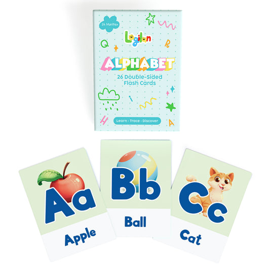 Logilan Alphabet flash cards for toddlers box with Aa Apple, Bb Ball and Cc Cat cards