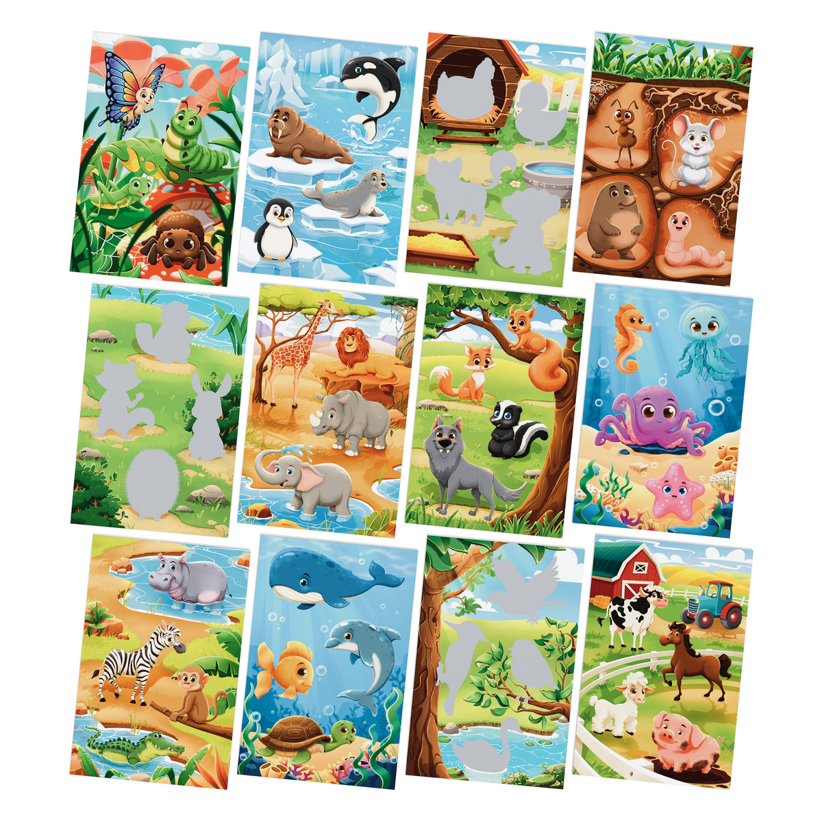 Twelve Bingo Animal Frenzy boards showing farm, forest, ocean, savanna and arctic habitats