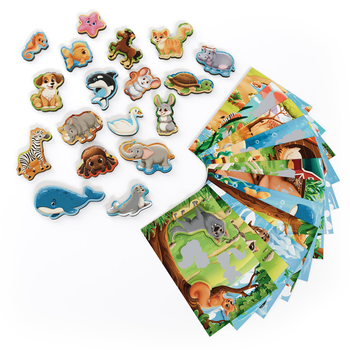Wooden animal pieces including whale, zebra and elephant with fanned Bingo Animal Frenzy boards