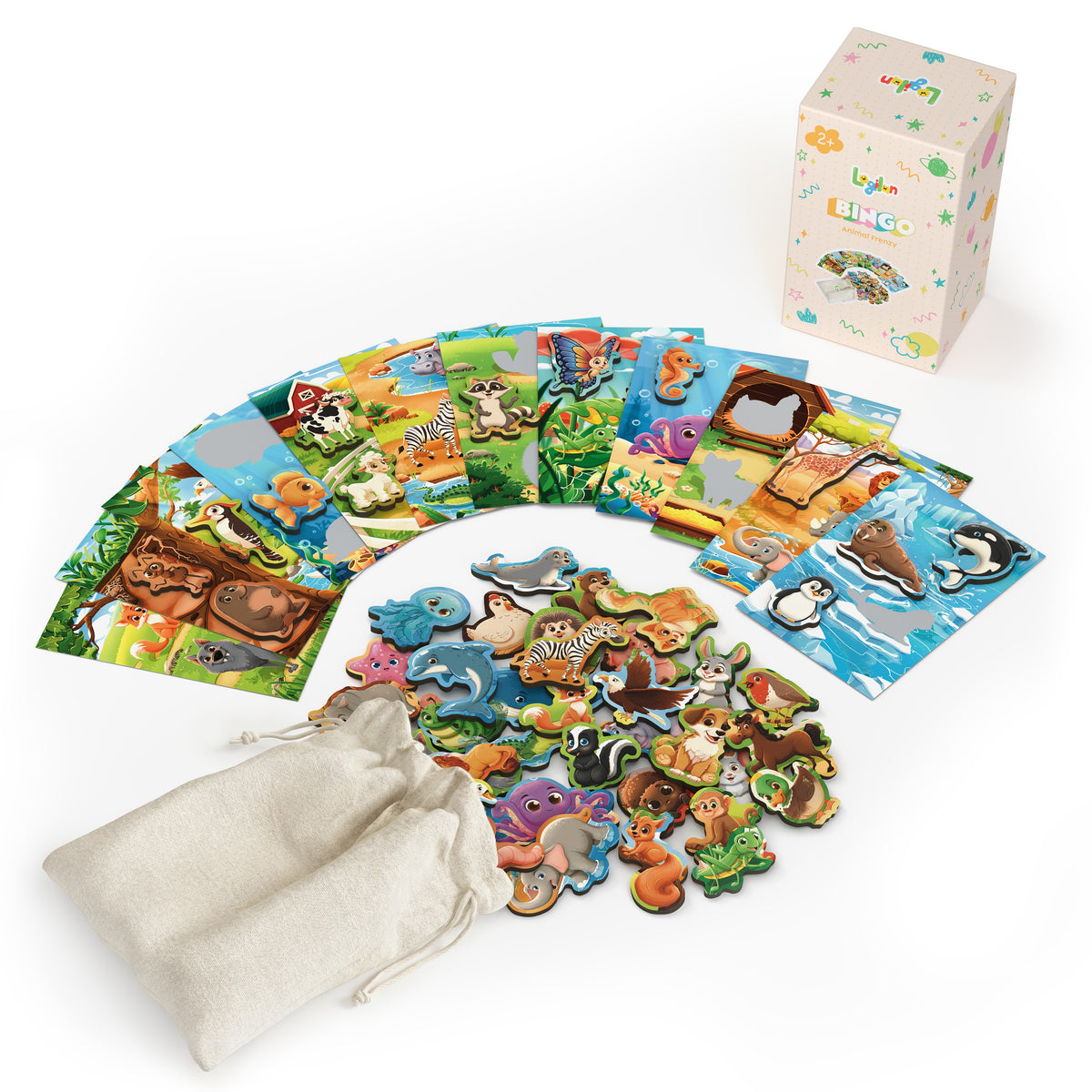 Logilan Bingo Animal Frenzy set with 12 boards, wooden animal pieces and cotton storage bag