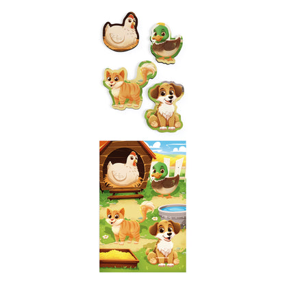 Bingo board with farmyard scene and four matching wooden pieces: hen, duck, cat and dog