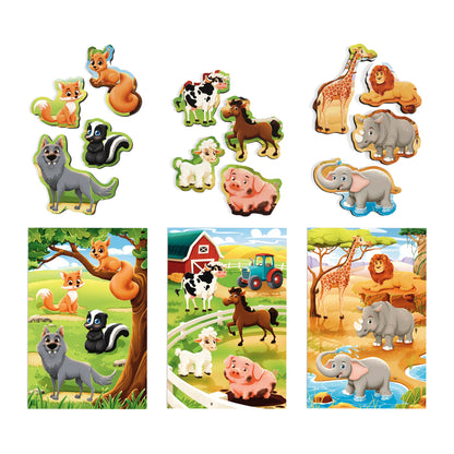 Three Bingo habitat boards with wooden animal pieces for forest, farm and savanna scenes