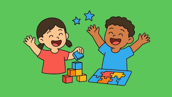 Two children thoroughly enjoying their playtime with blocks and a puzzle