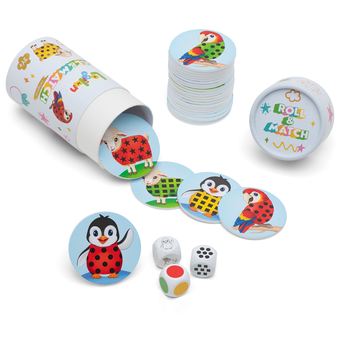 Children's game set with cartoon animal game pieces, dice, and a container cup in which these items can be stored. The animals are sheep, penguin, and parrot.
