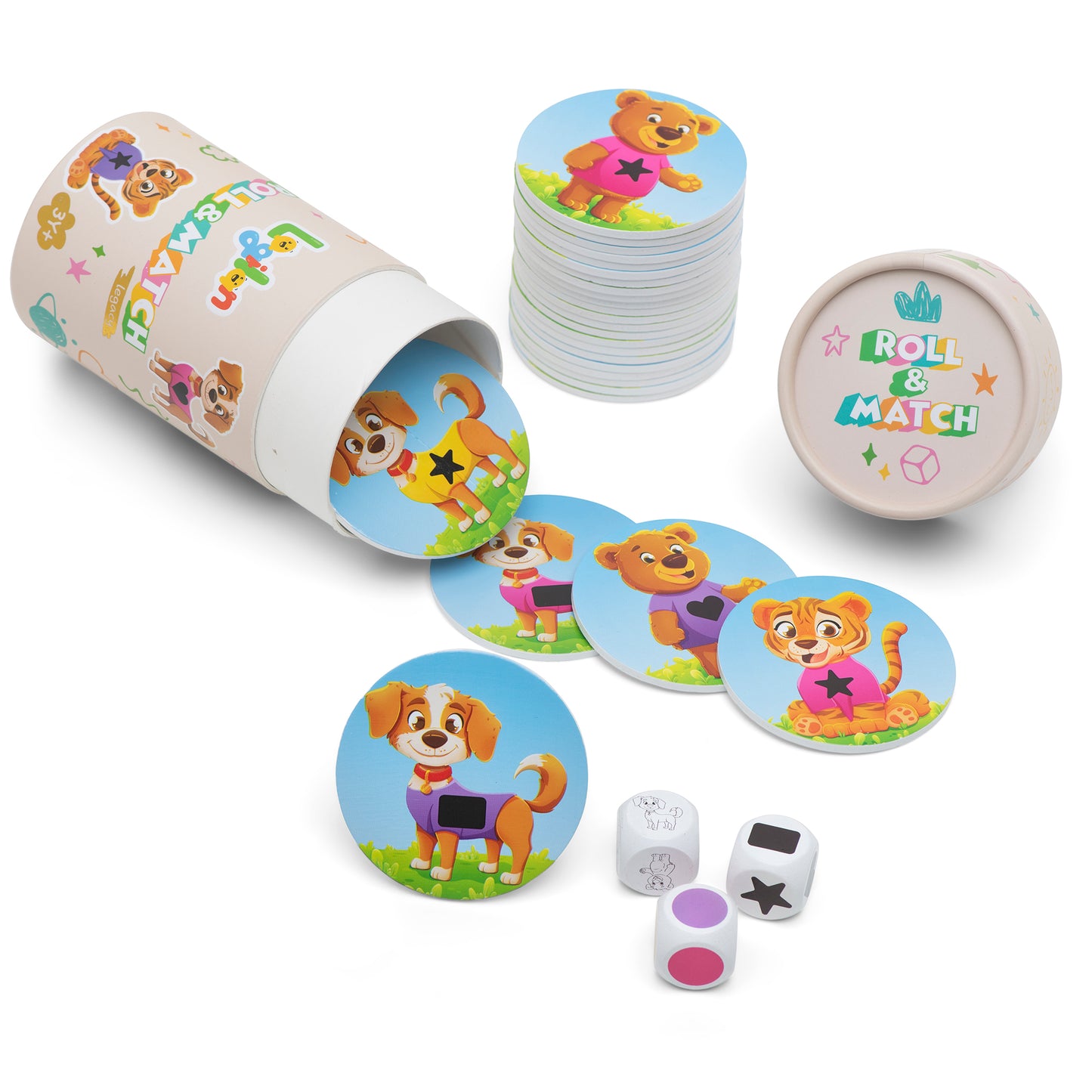 Children's game set with cartoon animal game pieces, dice, and a container cup in which these items can be stored. The animals are dog, bear, and tiger.