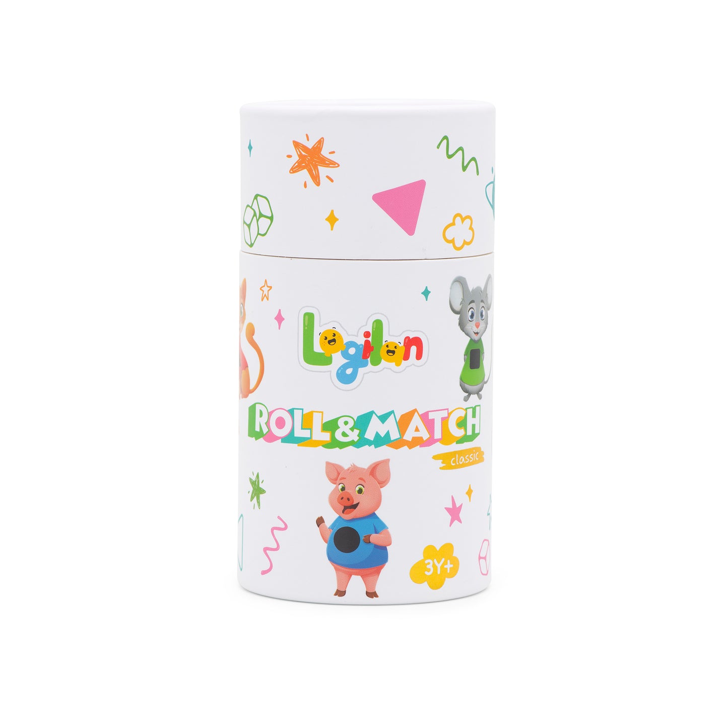 Children's toy canister with colorful graphics and text on a white background