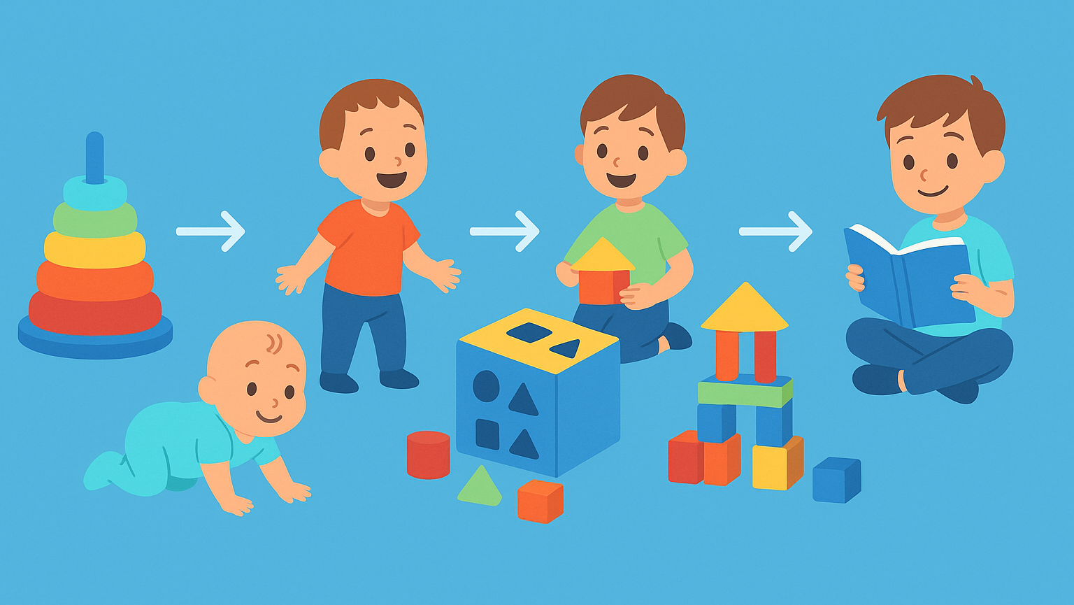 Illustration of a child's development from baby to toddler with toys that are age appropriate.