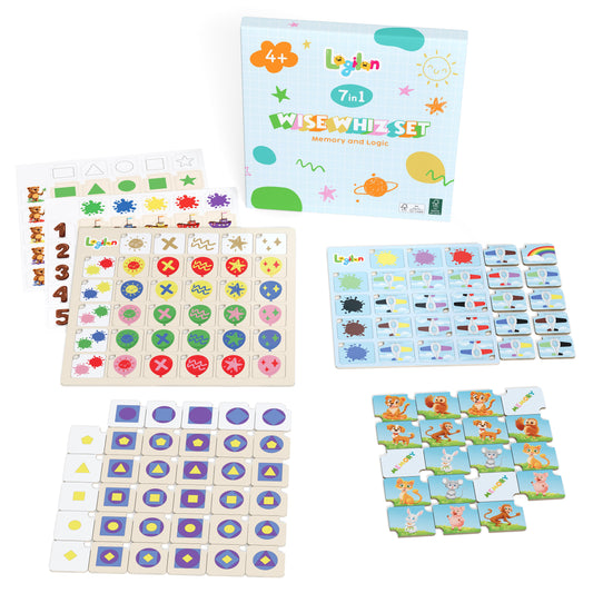 A set of games including a big board and a small board and 4 sets of tiles to fill in the spaces on the boards.