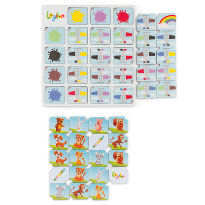 Wooden game board with colorful tiles featuring different-colored animals and airplanes.