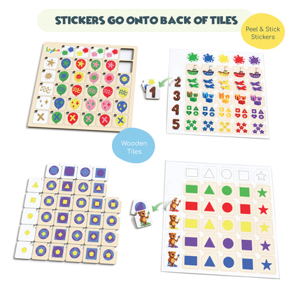 Before use, apply the provided stickers from the sticker sheet to the back of the wooden tiles. These stickers are for the "easy" and "medium" levels of the game. 